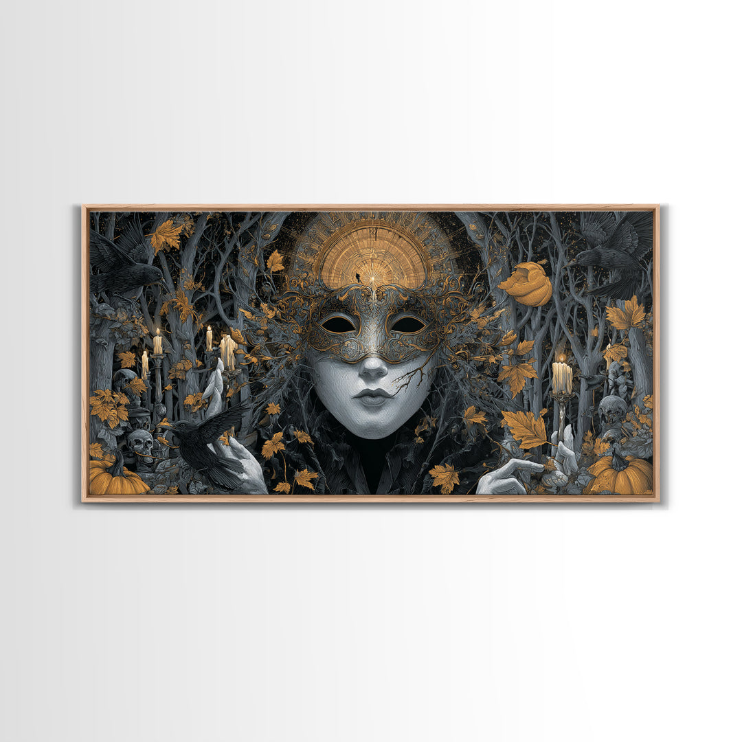 The Cracked Porcelain Mask, Wide Panoramic Art, Haunted Gothic Art, Framed Canvas Print, Halloween Wall Decor, Gothic Home Decor