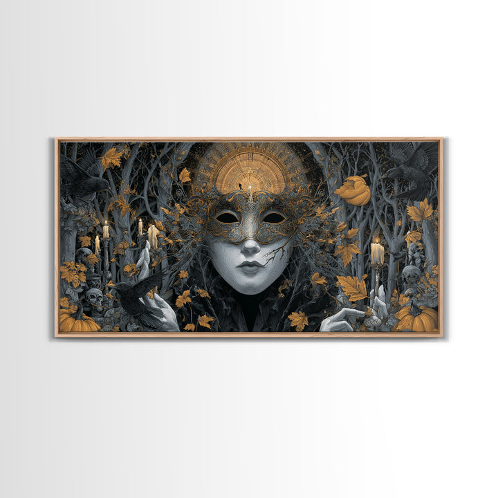 The Cracked Porcelain Mask, Wide Panoramic Art, Haunted Gothic Art, Framed Canvas Print, Halloween Wall Decor, Gothic Home Decor