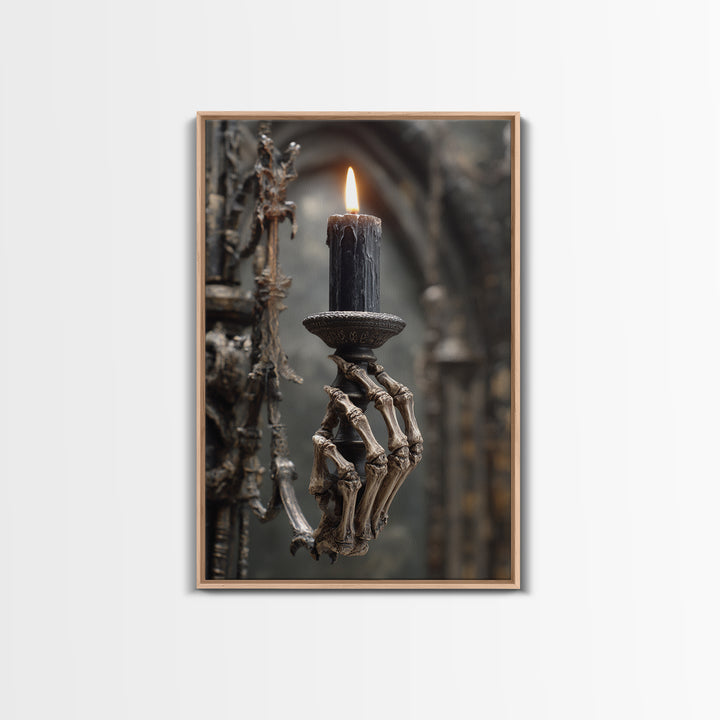 The Skeletal Hand Candleholder, Vertical Wall Art, Macabre Wall Art, Framed Canvas Print, Halloween Wall Decor, Gothic Home Decor