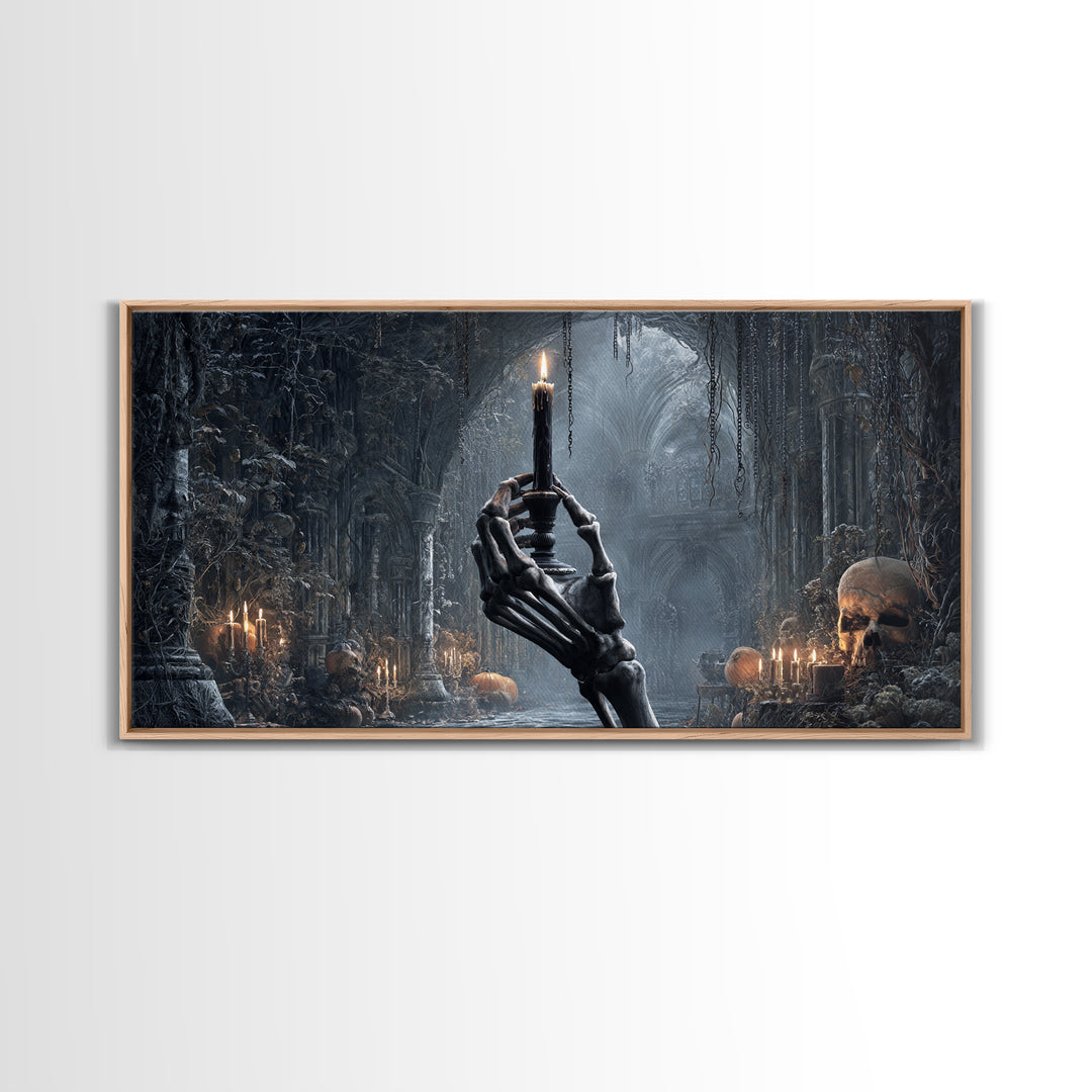 The Skeletal Hand Candleholder, Wide Panoramic Art, Spooky Home Decor, Canvas Print, Halloween Wall Decor, Gothic Home Decor