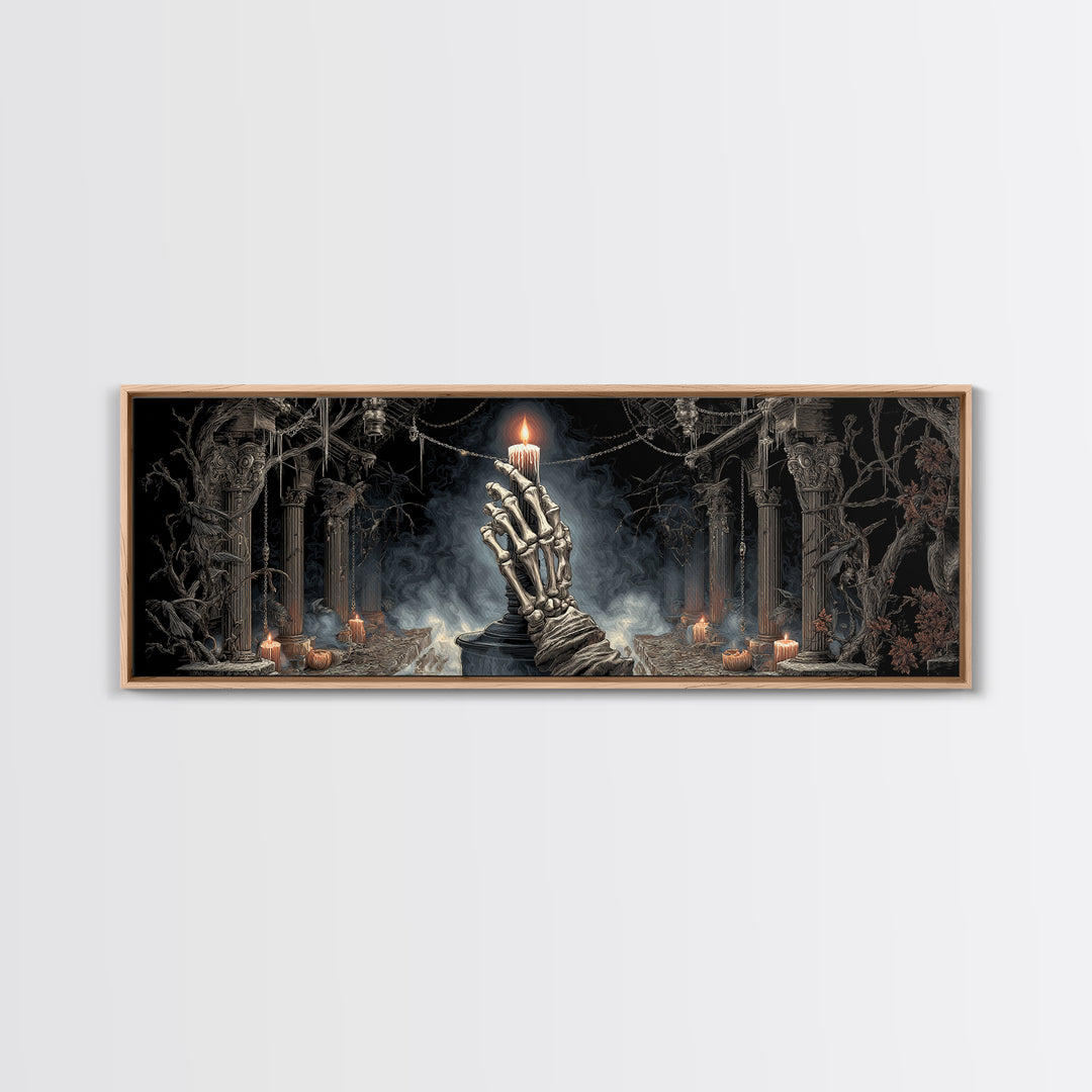 The Skeletal Hand Candleholder, Extra Wide Wall Art, Macabre Wall Art, Framed Canvas Print, Halloween Wall Decor, Gothic Home Decor