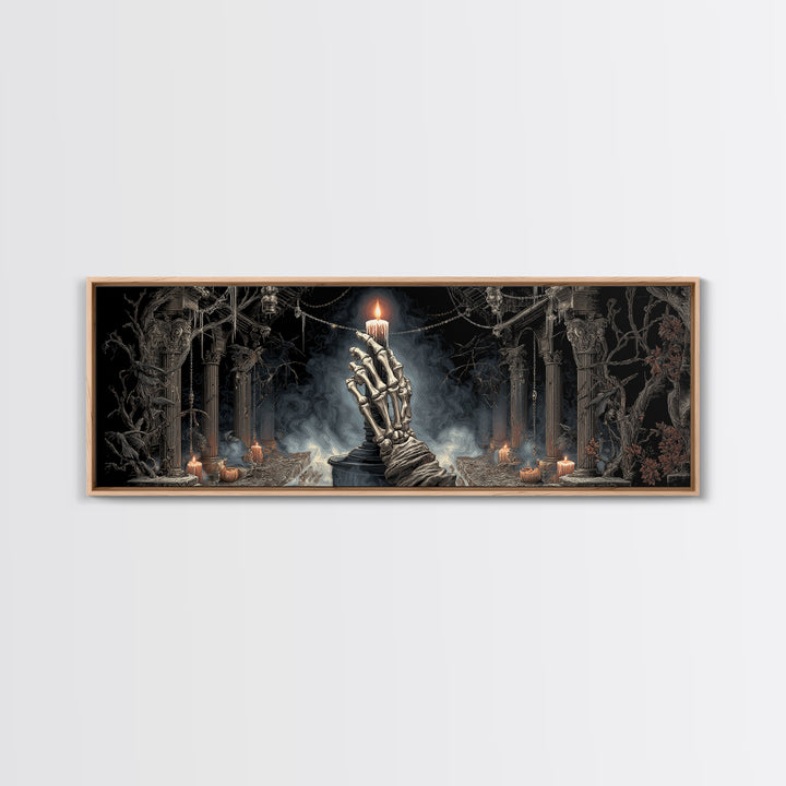 The Skeletal Hand Candleholder, Extra Wide Wall Art, Macabre Wall Art, Framed Canvas Print, Halloween Wall Decor, Gothic Home Decor