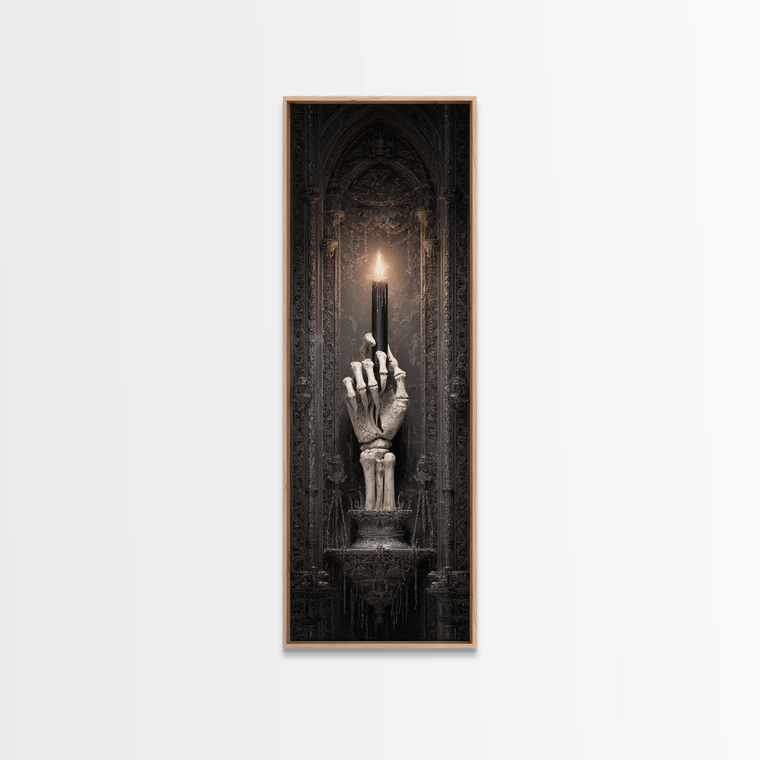 The Skeletal Hand Candleholder, Tall Narrow Wall Art, Macabre Wall Art, Framed Canvas Print, Halloween Wall Decor, Gothic Home Decor