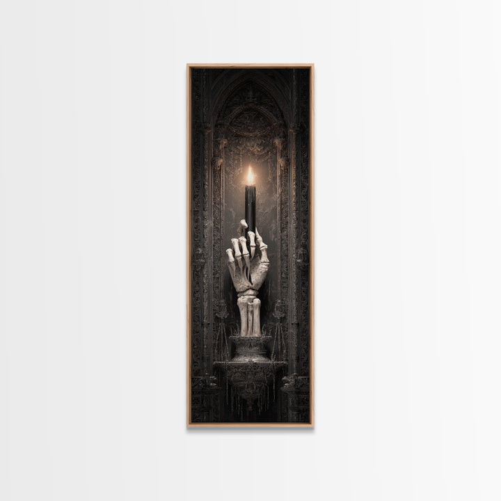 The Skeletal Hand Candleholder, Tall Narrow Wall Art, Macabre Wall Art, Framed Canvas Print, Halloween Wall Decor, Gothic Home Decor