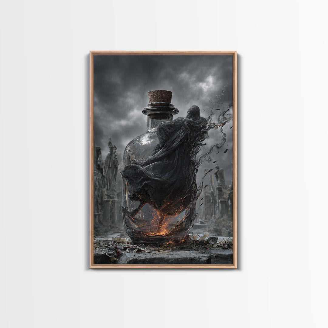 The Bottled Ghost, Vertical Wall Art, Gothic Horror Wall Art, Framed Canvas Print, Halloween Wall Decor, Gothic Home Decor