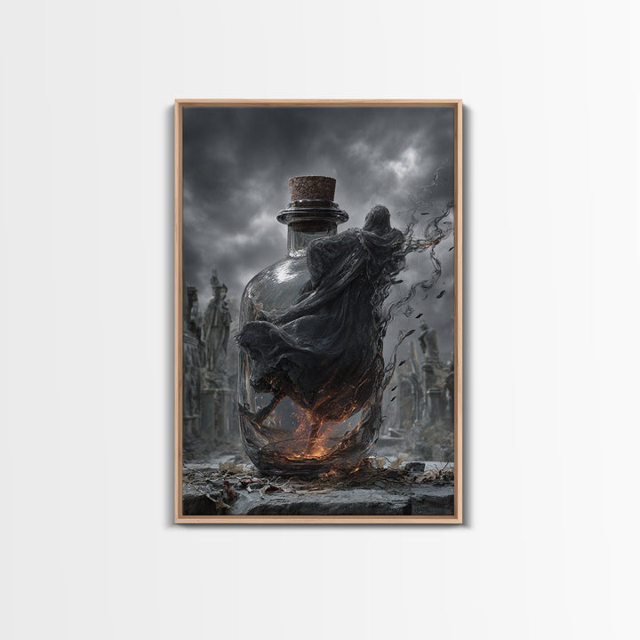 The Bottled Ghost, Vertical Wall Art, Gothic Horror Wall Art, Framed Canvas Print, Halloween Wall Decor, Gothic Home Decor