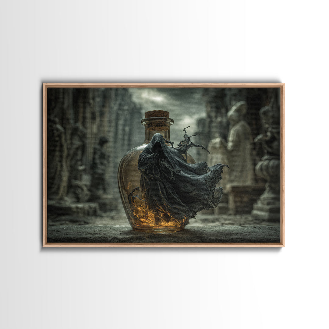 The Bottled Ghost, Landscape Wall Art, Macabre Wall Art, Framed Canvas Print, Halloween Wall Decor, Gothic Home Decor