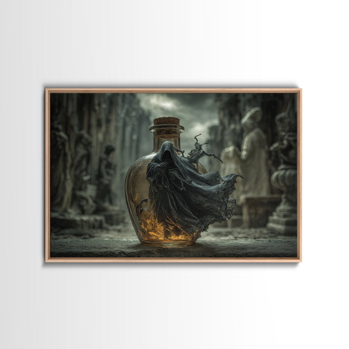The Bottled Ghost, Landscape Wall Art, Macabre Wall Art, Framed Canvas Print, Halloween Wall Decor, Gothic Home Decor