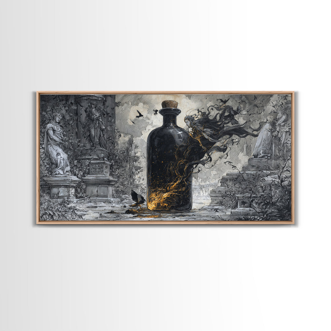 The Bottled Ghost, Wide Panoramic Art, Dark Fantasy Wall Art, Canvas Print, Halloween Wall Decor, Gothic Home Decor, Seasonal Home Decor