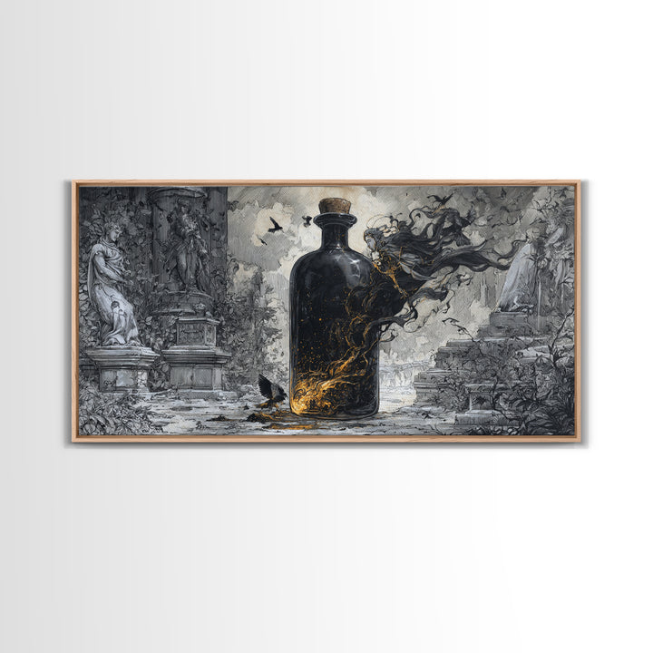 The Bottled Ghost, Wide Panoramic Art, Dark Fantasy Wall Art, Canvas Print, Halloween Wall Decor, Gothic Home Decor, Seasonal Home Decor