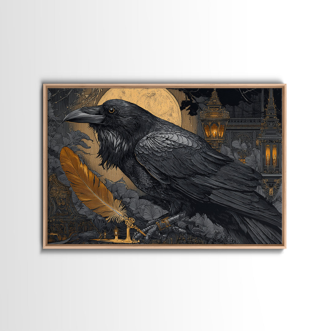 The Raven-Feather Quill, Landscape Wall Art, Macabre Wall Art, Framed Canvas Print, Halloween Wall Decor, Gothic Home Decor