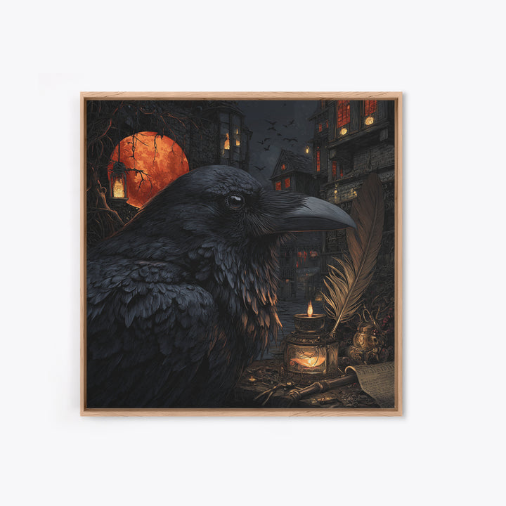 The Raven-Feather Quill, Square Wall Art, Gothic Horror Wall Art, Framed Canvas Print, Halloween Wall Decor, Gothic Home Decor