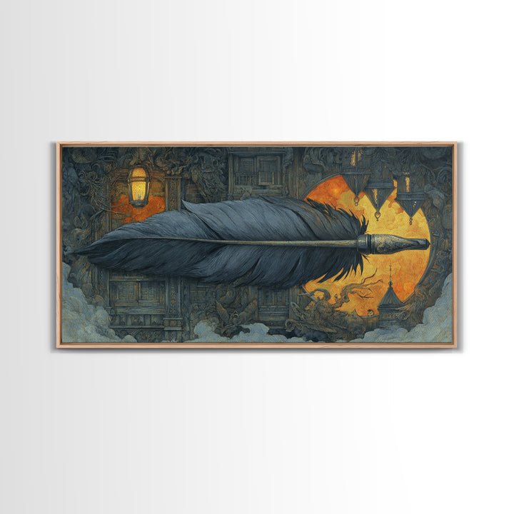 The Raven-Feather Quill, Wide Panoramic Art, Gothic Horror Wall Art, Framed Canvas Print, Halloween Wall Decor, Gothic Home Decor