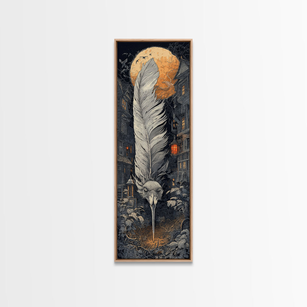 The Raven-Feather Quill, Tall Narrow Wall Art, Macabre Wall Art, Framed Canvas Print, Halloween Wall Decor, Gothic Home Decor
