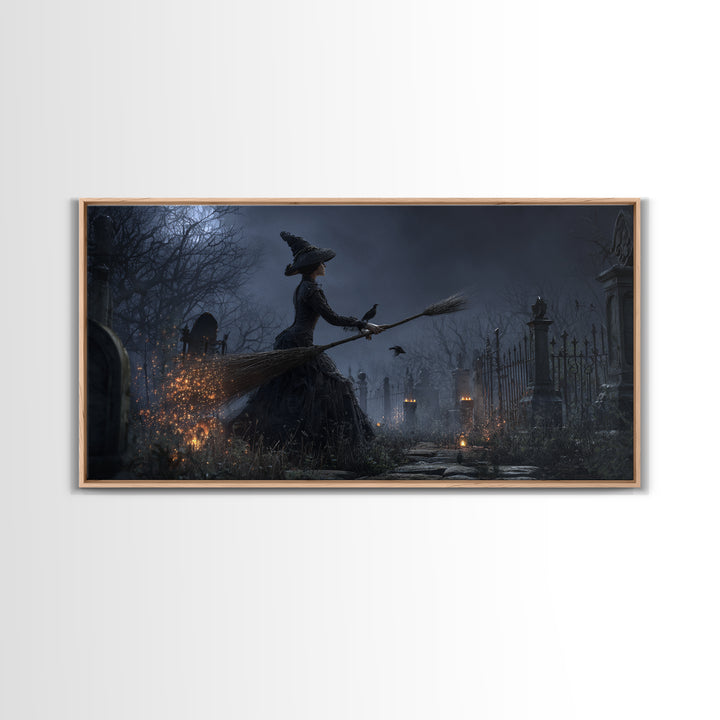 The Witch'S Broom, Wide Panoramic Art, Gothic Horror Wall Art, Framed Canvas Print, Halloween Wall Decor, Gothic Home Decor, Halloween Decor