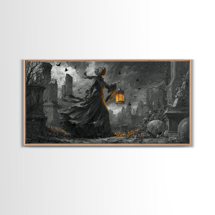 The Bone-Handled Lantern, Wide Panoramic Art, Spooky Home Decor, Canvas Print, Halloween Wall Decor, Gothic Home Decor, Dark Fantasy Art