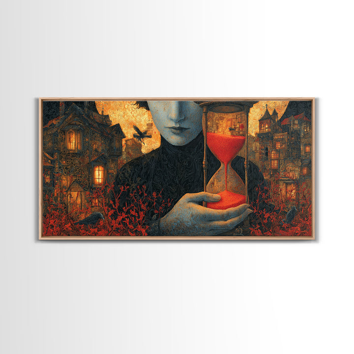 The Crimson Hourglass, Wide Panoramic Art, Macabre Wall Art, Framed Canvas Print, Halloween Wall Decor, Gothic Home Decor, Halloween Decor