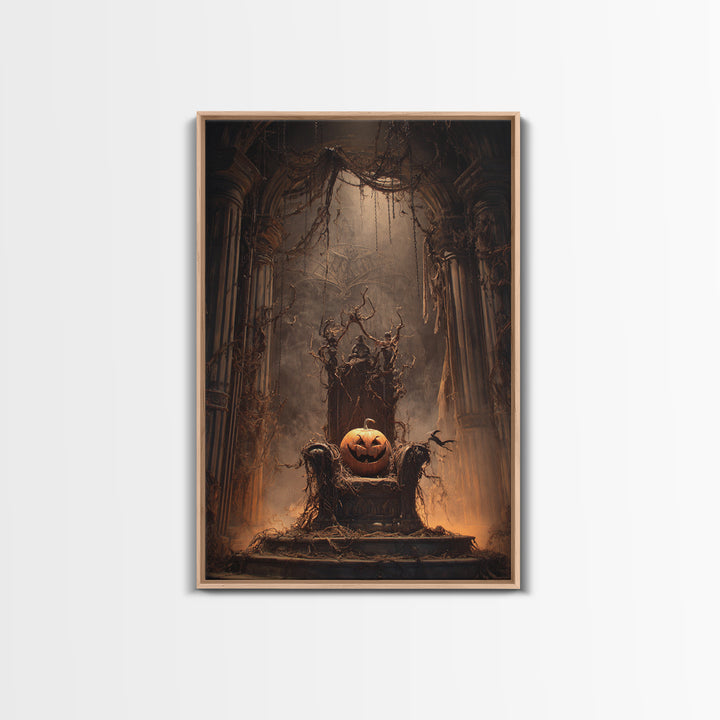 The Jack-O'-Lantern Throne, Vertical Wall Art, Gothic Horror Wall Art, Framed Canvas Print, Halloween Wall Decor, Gothic Home Decor
