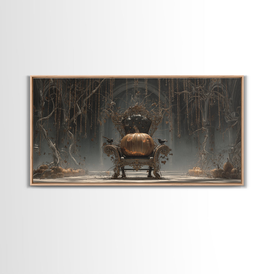 The Jack-O'-Lantern Throne, Wide Panoramic Art, Macabre Wall Art, Framed Canvas Print, Halloween Wall Decor, Gothic Home Decor