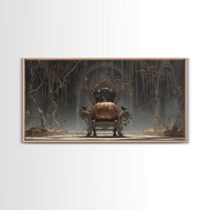 The Jack-O'-Lantern Throne, Wide Panoramic Art, Macabre Wall Art, Framed Canvas Print, Halloween Wall Decor, Gothic Home Decor
