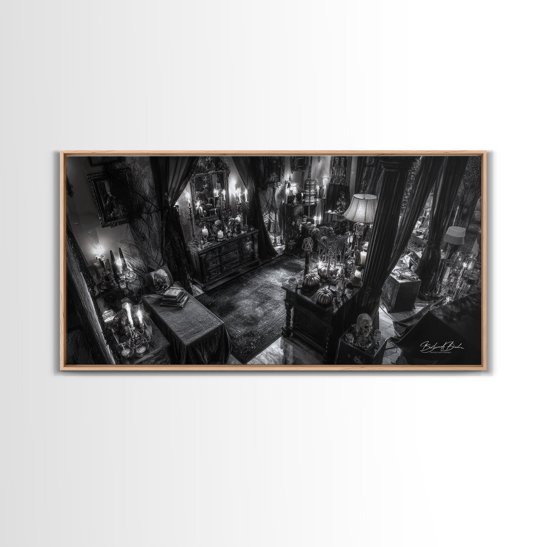 Monochrome Gothic Halloween, Wide Panoramic Art, Macabre Wall Art, Framed Canvas Print, Halloween Wall Decor, Gothic Home Decor