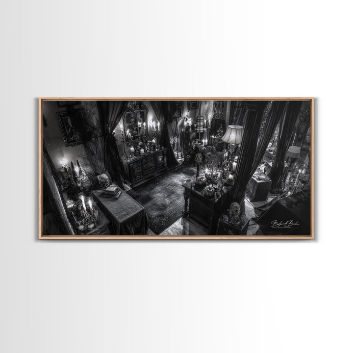 Monochrome Gothic Halloween, Wide Panoramic Art, Macabre Wall Art, Framed Canvas Print, Halloween Wall Decor, Gothic Home Decor