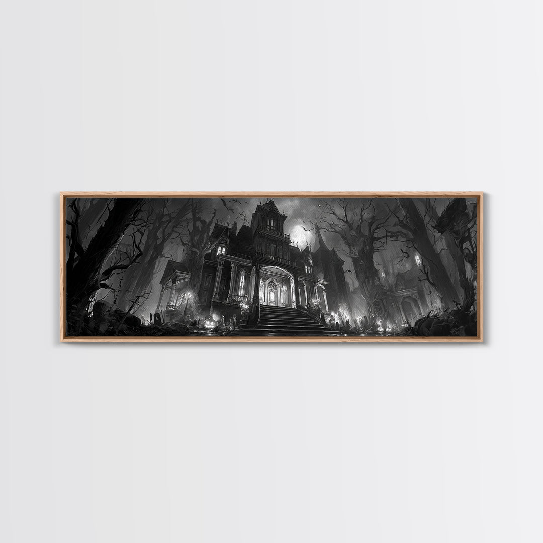 Monochrome Gothic Halloween, Extra Wide Wall Art, Spooky Home Decor, Canvas Print, Halloween Wall Decor, Gothic Home Decor, Dark Fantasy Art