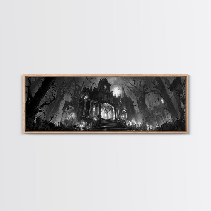 Monochrome Gothic Halloween, Extra Wide Wall Art, Spooky Home Decor, Canvas Print, Halloween Wall Decor, Gothic Home Decor, Dark Fantasy Art
