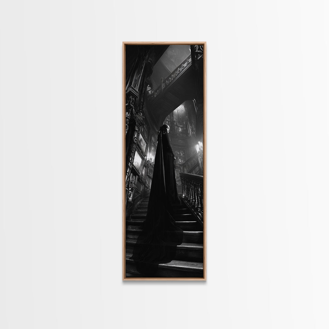 Monochrome Gothic Halloween, Tall Narrow Wall Art, Haunted Gothic Art, Framed Canvas Print, Halloween Wall Decor, Gothic Home Decor