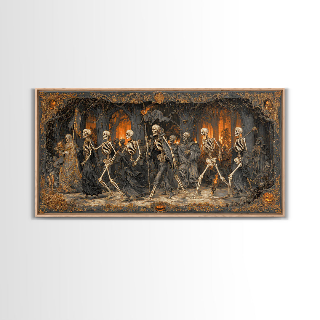 Medieval Danse Macabre, Wide Panoramic Art, Dark Fantasy Wall Art, Canvas Print, Halloween Wall Decor, Gothic Home Decor, Halloween Wall Art