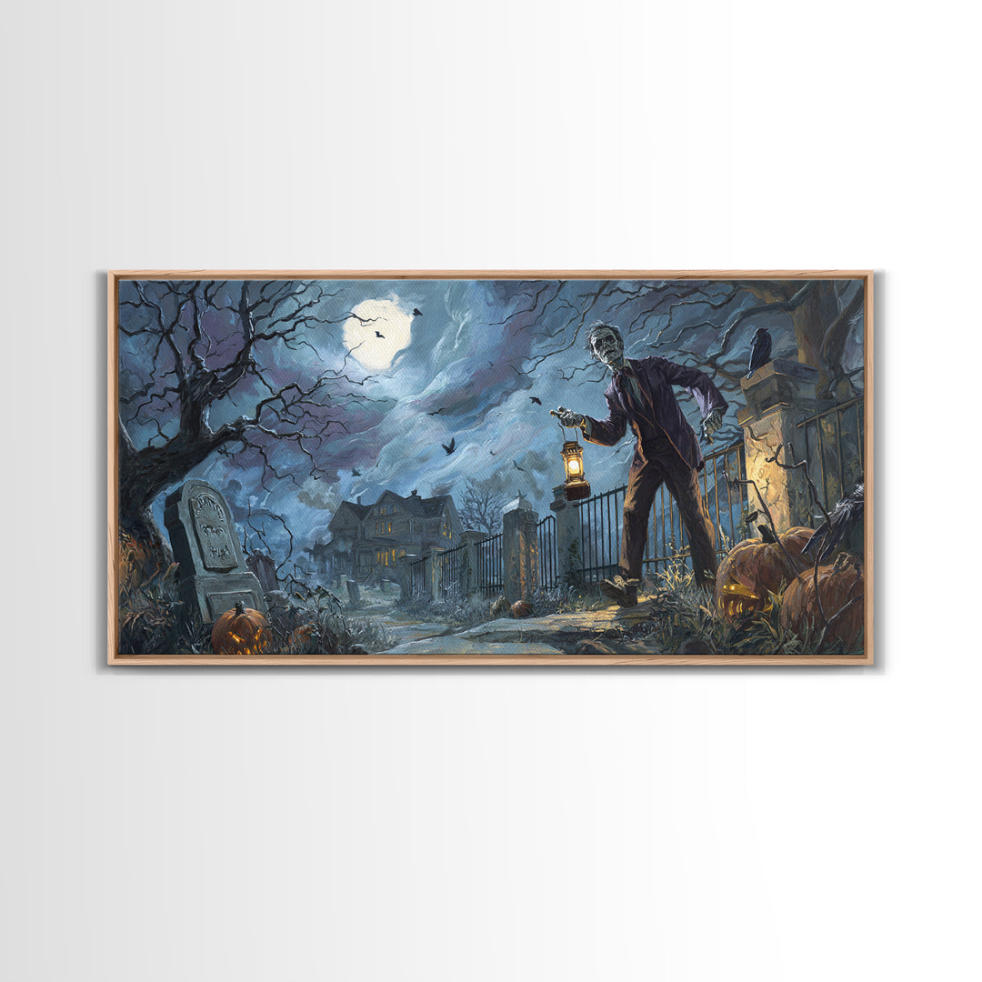 1950s Halloween Nostalgia, Wide Panoramic Art, Dark Fantasy Wall Art, Canvas Print, Halloween Wall Decor, Gothic Home Decor