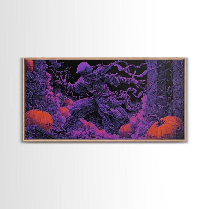 1980s Neon Horror, Wide Panoramic Art, Spooky Home Decor, Canvas Print, Halloween Wall Decor, Gothic Home Decor, Macabre Wall Art