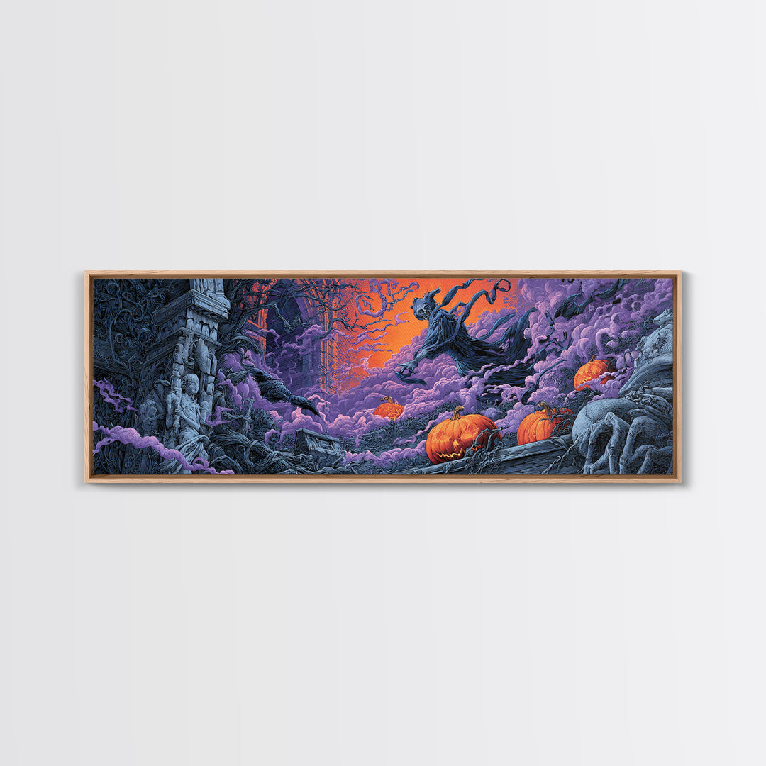 1980s Neon Horror, Extra Wide Wall Art, Dark Fantasy Wall Art, Canvas Print, Halloween Wall Decor, Gothic Home Decor, Macabre Wall Art