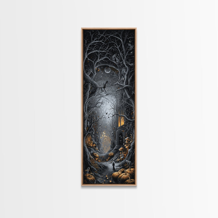 Enchanted Woodland Halloween, Tall Narrow Wall Art, Haunted Gothic Art, Framed Canvas Print, Halloween Wall Decor, Gothic Home Decor