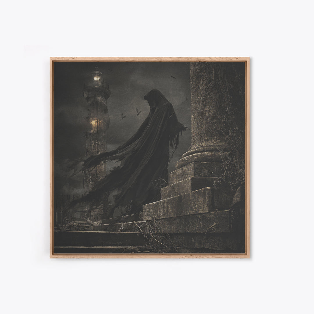 Haunted Seaside Halloween, Square Wall Art, Macabre Wall Art, Framed Canvas Print, Halloween Wall Decor, Gothic Home Decor, Dark Fantasy Art