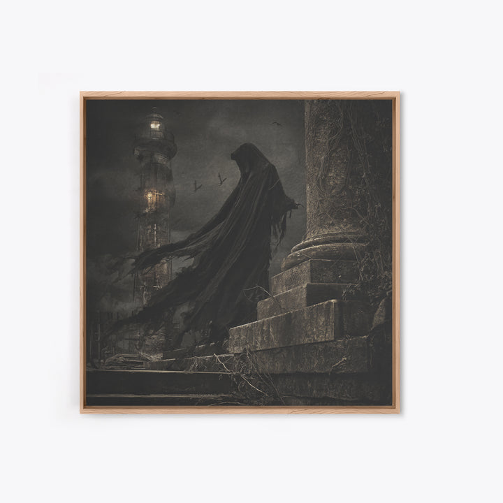 Haunted Seaside Halloween, Square Wall Art, Macabre Wall Art, Framed Canvas Print, Halloween Wall Decor, Gothic Home Decor, Dark Fantasy Art