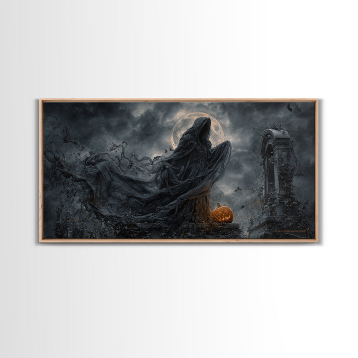 Haunted Seaside Halloween, Wide Panoramic Art, Spooky Home Decor, Canvas Print, Halloween Wall Decor, Gothic Home Decor, Macabre Wall Art