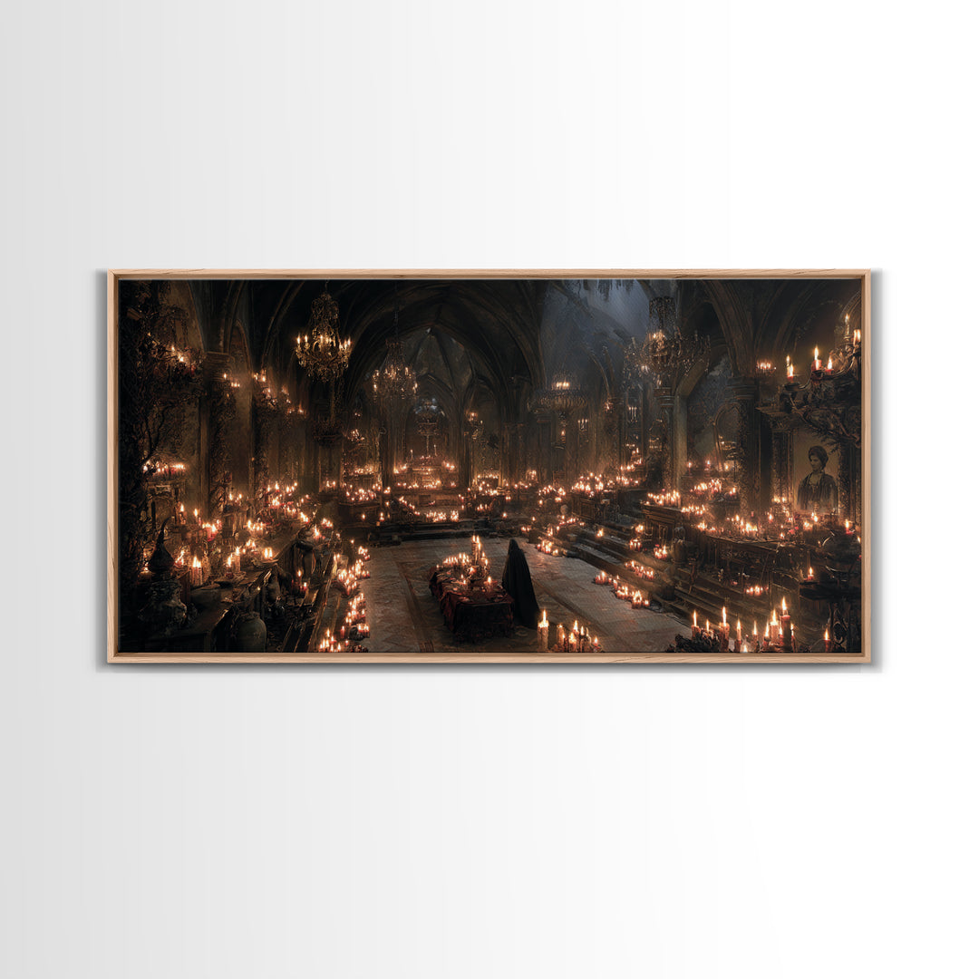 The Candlelit Crypt, Wide Panoramic Art, Dark Halloween Decor, Canvas Print, Halloween Wall Decor, Gothic Home Decor, Statement Wall Art