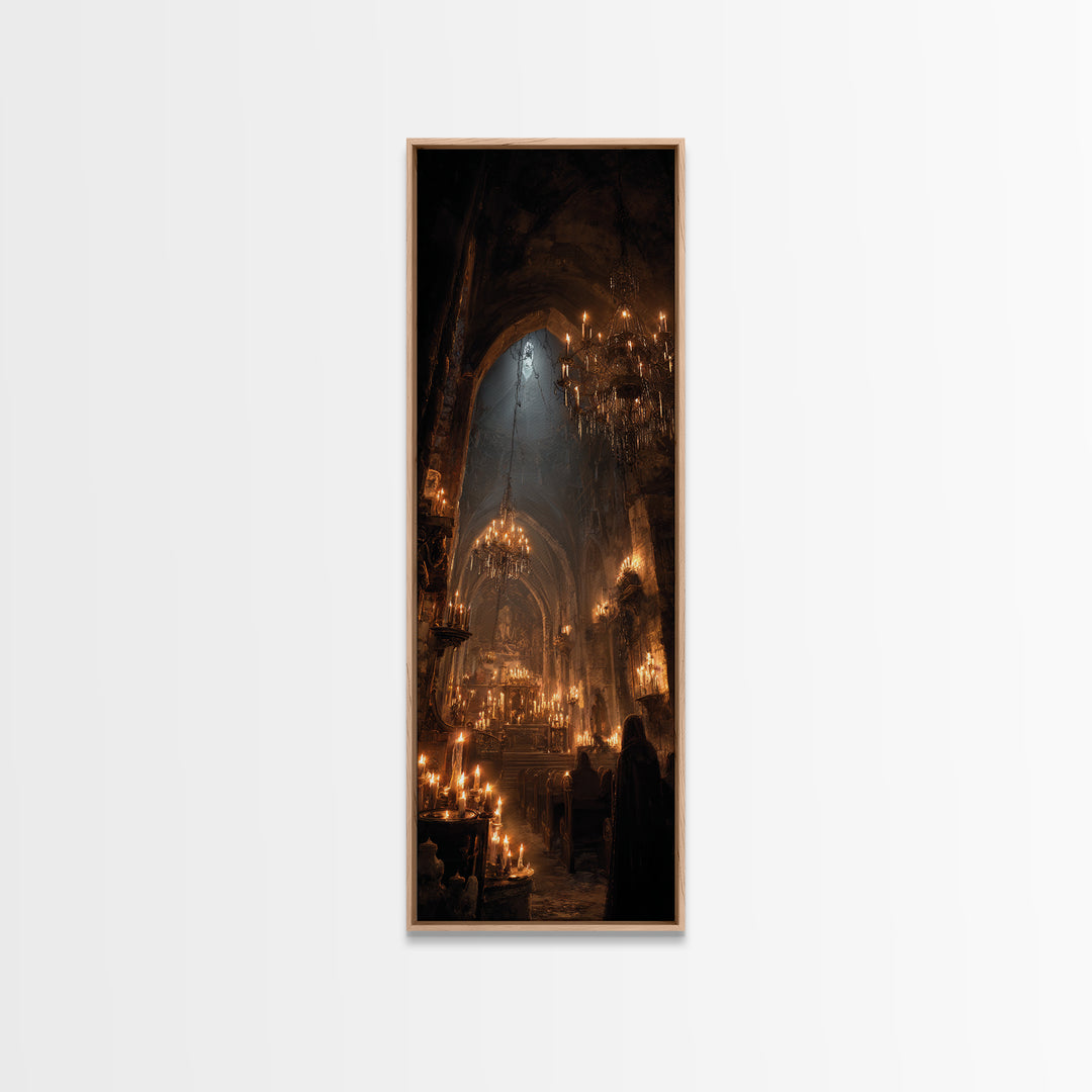 The Candlelit Crypt, Tall Narrow Wall Art, Gothic Horror Wall Art, Framed Canvas Print, Halloween Wall Decor, Gothic Home Decor