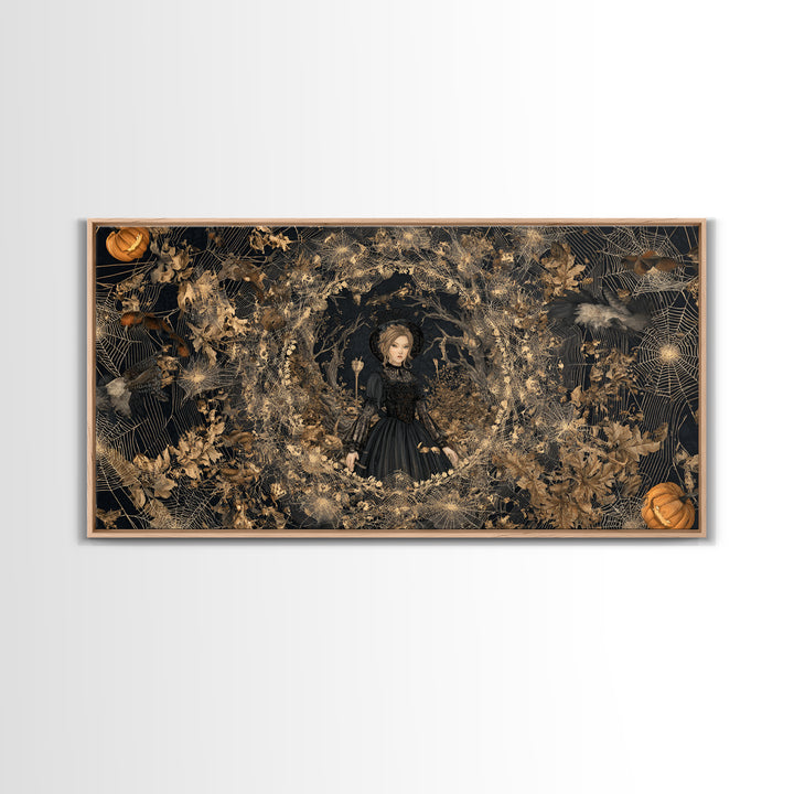 Black Lace And Cobwebs, Wide Panoramic Art, Haunted Gothic Art, Framed Canvas Print, Halloween Wall Decor, Gothic Home Decor