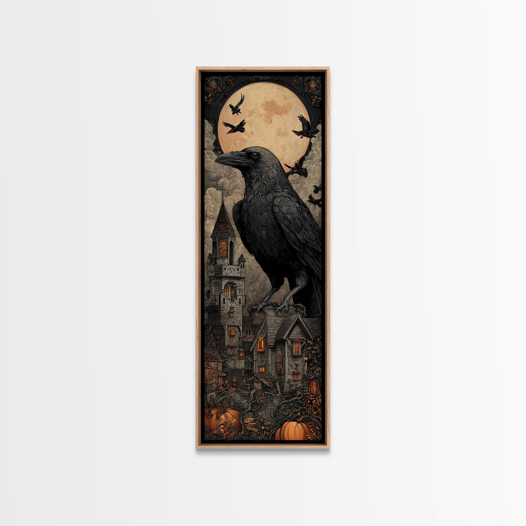 Ravens And Ruins, Tall Narrow Wall Art, Haunted Gothic Art, Framed Canvas Print, Halloween Wall Decor, Gothic Home Decor