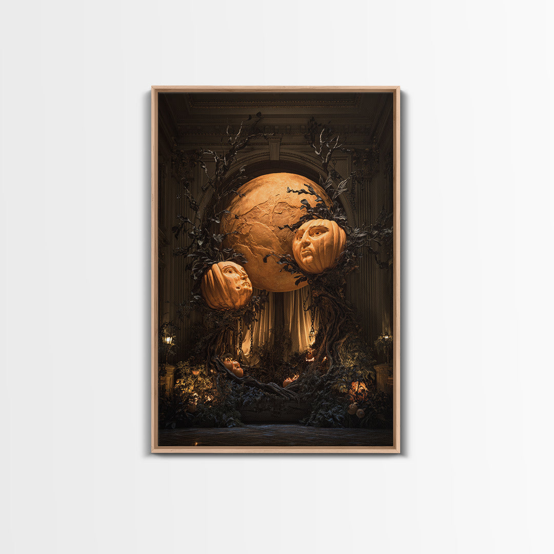 Pumpkins And Moon Phases, Vertical Wall Art, Macabre Wall Art, Framed Canvas Print, Halloween Wall Decor, Gothic Home Decor