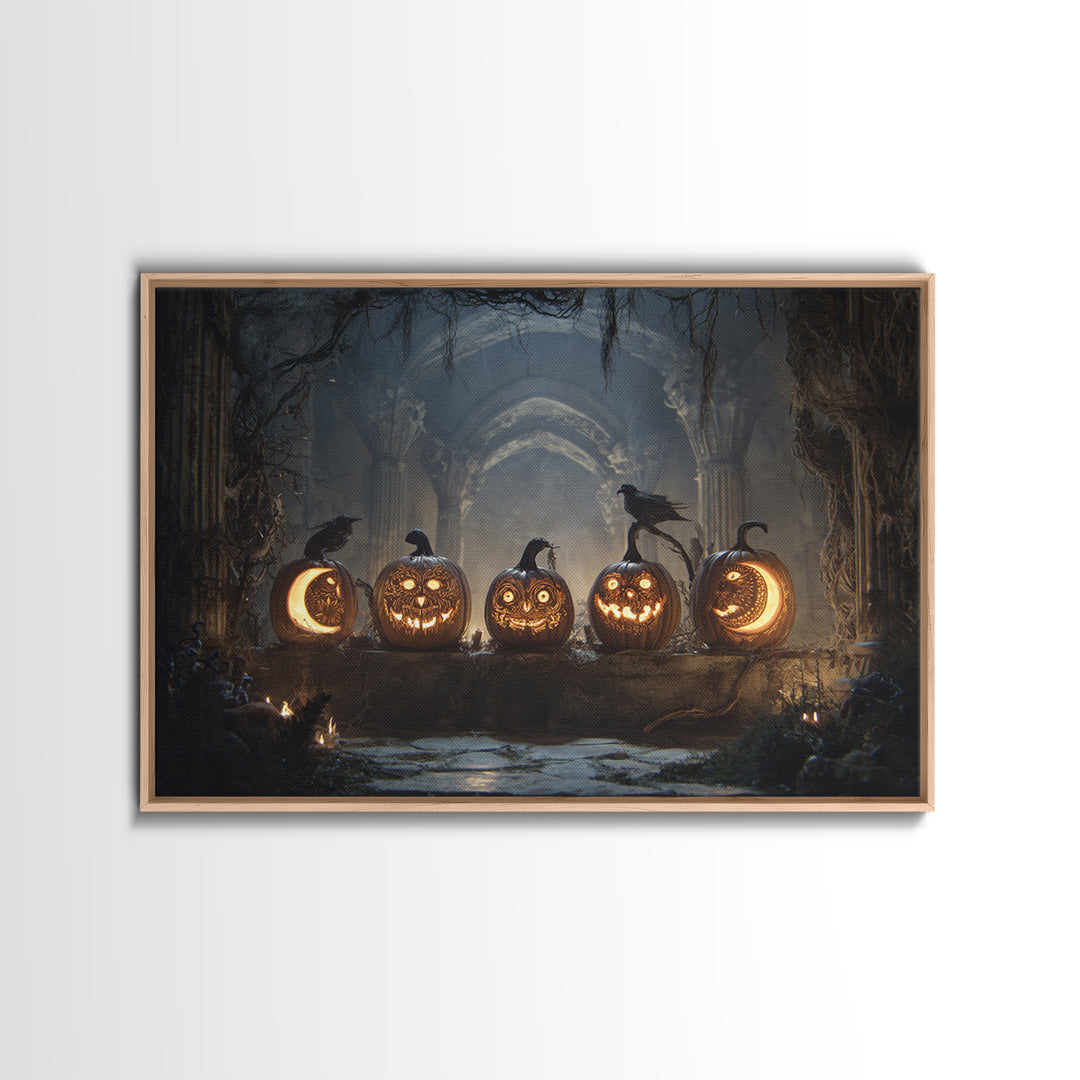 Pumpkins And Moon Phases, Landscape Wall Art, Haunted Gothic Art, Framed Canvas Print, Halloween Wall Decor, Gothic Home Decor