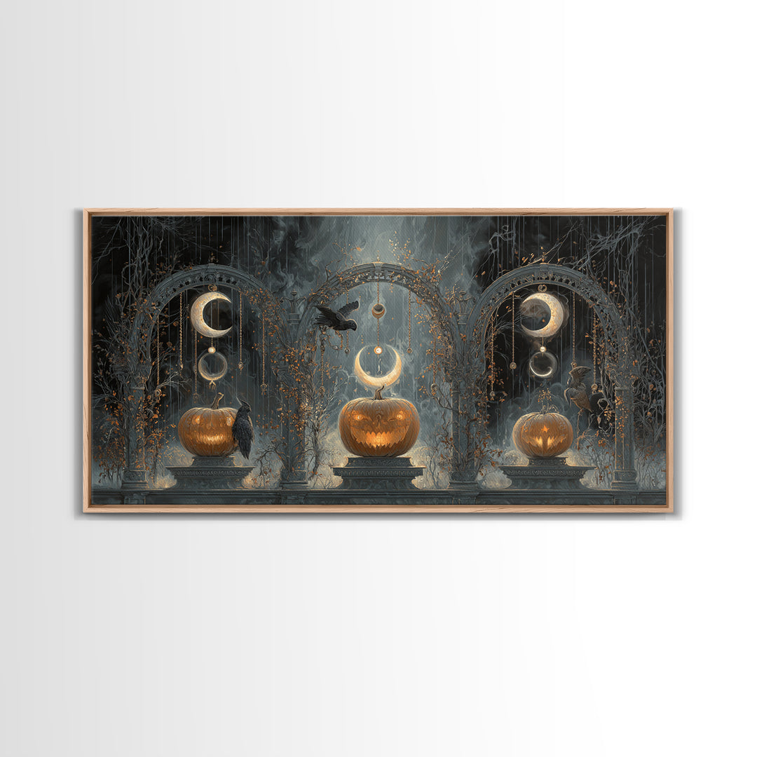 Pumpkins And Moon Phases, Wide Panoramic Art, Dark Halloween Decor, Canvas Print, Halloween Wall Decor, Gothic Home Decor, Horror Wall Art