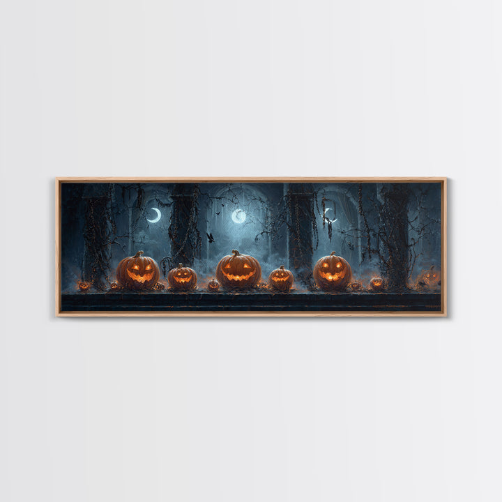 Pumpkins And Moon Phases, Extra Wide Wall Art, Macabre Wall Art, Framed Canvas Print, Halloween Wall Decor, Gothic Home Decor