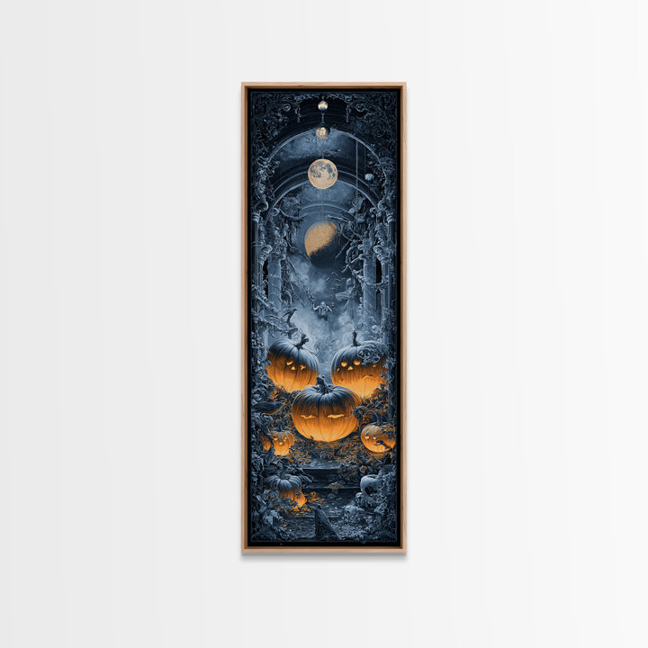 Pumpkins And Moon Phases, Tall Narrow Wall Art, Haunted Gothic Art, Framed Canvas Print, Halloween Wall Decor, Gothic Home Decor