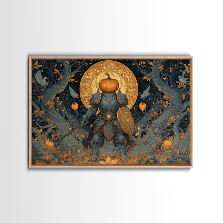 The Pumpkin Paladin, Landscape Wall Art, Haunted Gothic Art, Framed Canvas Print, Halloween Wall Decor, Gothic Home Decor