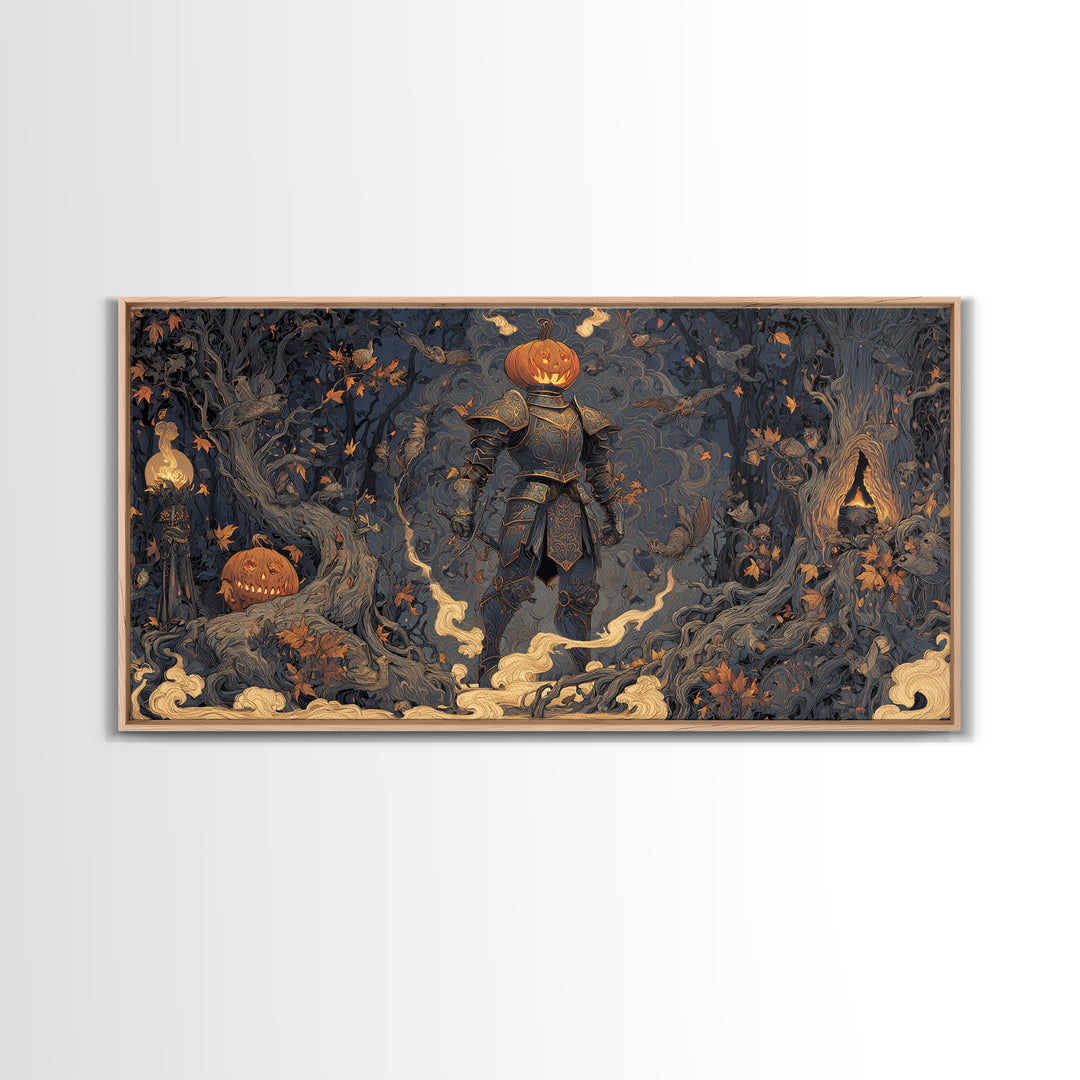 The Pumpkin Paladin, Wide Panoramic Art, Haunted Gothic Art, Framed Canvas Print, Halloween Wall Decor, Gothic Home Decor, Dark Fantasy Art
