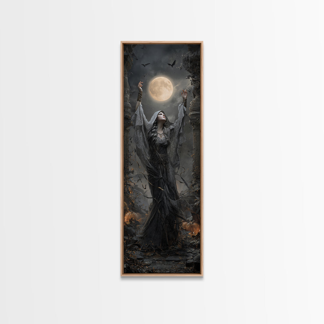 The Moon Priestess, Tall Narrow Wall Art, Gothic Horror Wall Art, Framed Canvas Print, Halloween Wall Decor, Gothic Home Decor