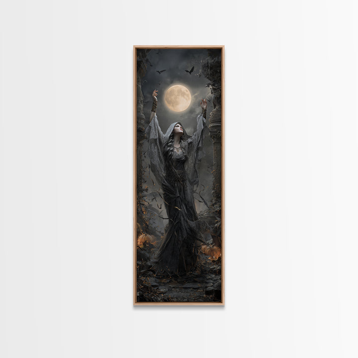 The Moon Priestess, Tall Narrow Wall Art, Gothic Horror Wall Art, Framed Canvas Print, Halloween Wall Decor, Gothic Home Decor